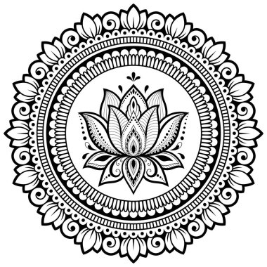 Mandala kına Mehndi, dövme, dekorasyon için Lotus ile şeklinde dairesel desende. Dekoratif süsleme etnik oryantal tarzı. Boyama kitabı sayfası.