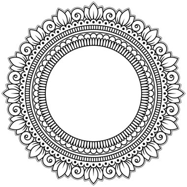 Kına Mehndi, dövme, dekorasyon için mandala şeklinde dairesel desende. Dekoratif çerçeve süsleme etnik oryantal tarzı. Boyama kitabı sayfası.