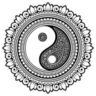 Kına Mehndi, dövme, dekorasyon için mandala şeklinde dairesel desende. Yin-yang el ile oryantal tarzda Dekoratif süsleme sembolü çizilmiş. Boyama kitabı sayfası.