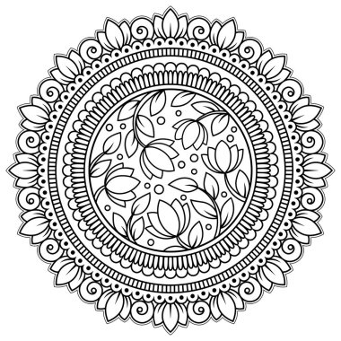 Henna, Mehndi, dövme, dekorasyon için mandala şeklinde dairesel desen. Etnik doğu tarzında dekoratif süs. Boyama kitabı sayfası.