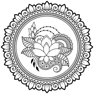 Mandala kına Mehndi, dövme, dekorasyon için Lotus ile şeklinde dairesel desende. Dekoratif süsleme etnik oryantal tarzı. Boyama kitabı sayfası.