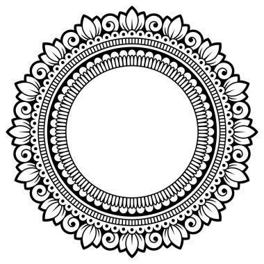 Kına Mehndi, dövme, dekorasyon için mandala şeklinde dairesel desende. Dekoratif çerçeve süsleme etnik oryantal tarzı. Boyama kitabı sayfası.