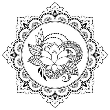 Mandala kına Mehndi, dövme, dekorasyon için Lotus ile şeklinde dairesel desende. Dekoratif süsleme etnik oryantal tarzı. Boyama kitabı sayfası.