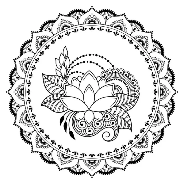 Mandala kına Mehndi, dövme, dekorasyon için Lotus ile şeklinde dairesel desende. Dekoratif süsleme etnik oryantal tarzı. Boyama kitabı sayfası.