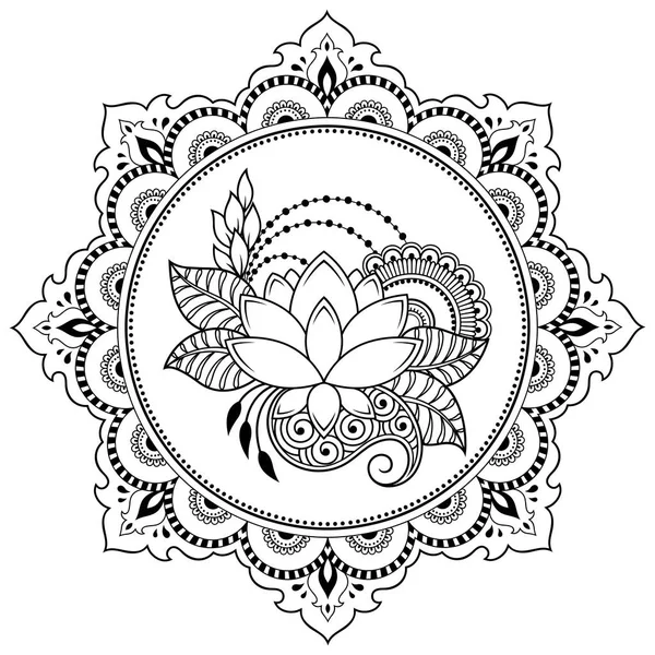 Mandala kına Mehndi, dövme, dekorasyon için Lotus ile şeklinde dairesel desende. Dekoratif süsleme etnik oryantal tarzı. Boyama kitabı sayfası.