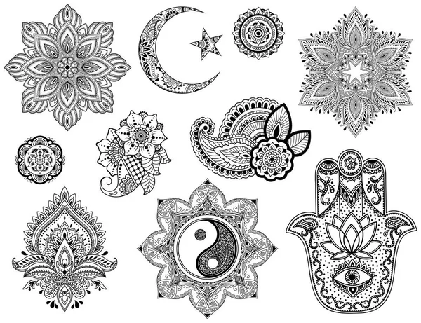 Großes Set Mit Mehndi Blumenmuster Mandala Stern Und Halbmond Yin — Stockvektor