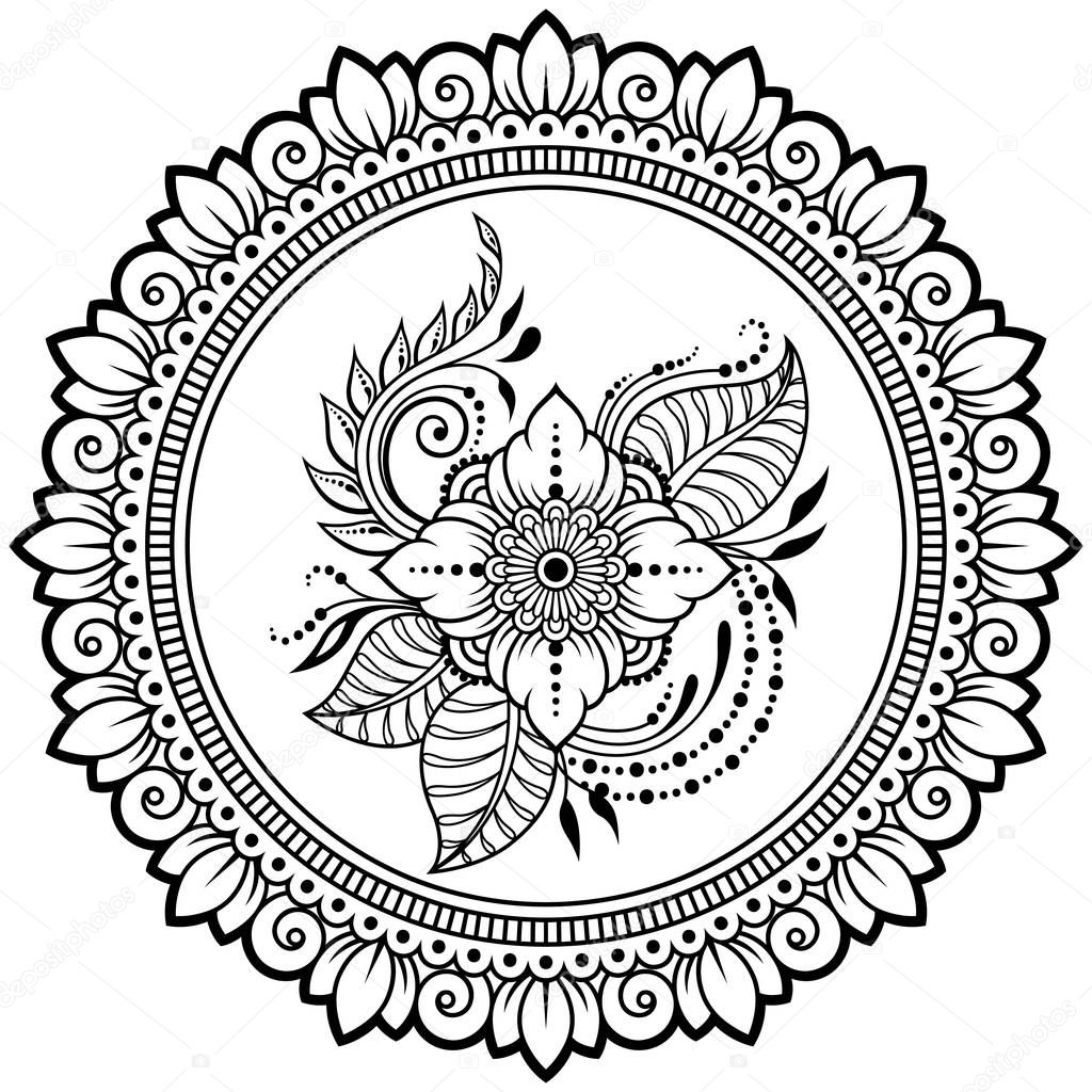 Circular pattern in form of mandala with flower for Henna, Mehndi, tattoo, decoration. Decorative ornament in ethnic oriental style. Coloring book page.