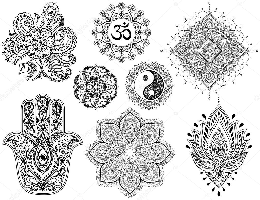 Big set of Mehndi flower pattern, mandala, mantra OM, Yin-yang symbol and Hamsa for Henna drawing and tattoo. Decoration in ethnic oriental, Indian style.