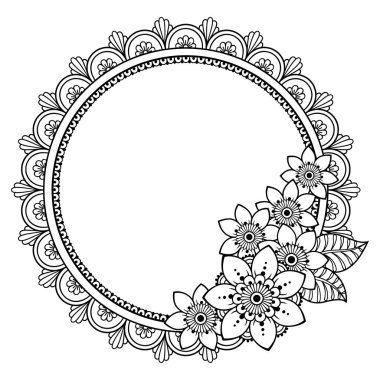 Kına Mehndi, dövme, dekorasyon için mandala şeklinde dairesel desende. Dekoratif çerçeve çiçek süsleme etnik oryantal tarzı ile. Boyama kitabı sayfası.