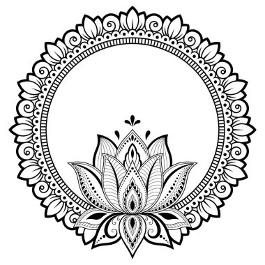 Kına Mehndi, dövme, dekorasyon için mandala şeklinde dairesel desende. Dekoratif çerçeve lotus çiçek süsleme etnik oryantal tarzı ile. Boyama kitabı sayfası.