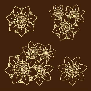 Mehndi çiçek deseni kına çizim ve dövme için kümesi. Etnik oryantal, Hint tarzında.