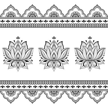 Mehndi lotus çiçek deseni ve kına çizim ve dövme için sorunsuz kenarlık kümesi. Oryantal, Hint tarzında.