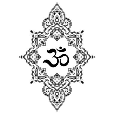 Kına Mehndi, dövme, dekorasyon için mandala şeklinde dairesel desende. Antik Hindu mantra OM ile oryantal tarzda Dekoratif süsleme Boyama kitabı sayfası.