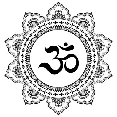 Kına Mehndi, dövme, dekorasyon için mandala şeklinde dairesel desende. Antik Hindu mantra OM ile oryantal tarzda Dekoratif süsleme Boyama kitabı sayfası.