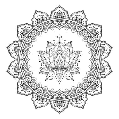 Mandala kına Mehndi, dövme, dekorasyon için Lotus çiçeği ile şeklinde dairesel desende. Dekoratif süsleme etnik oryantal tarzı. Boyama kitabı sayfası.