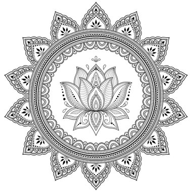 Mandala kına Mehndi, dövme, dekorasyon için Lotus çiçeği ile şeklinde dairesel desende. Dekoratif süsleme etnik oryantal tarzı. Boyama kitabı sayfası.