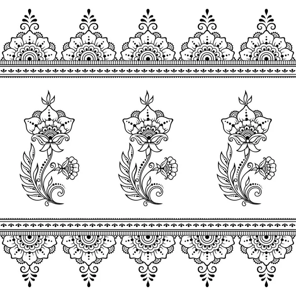 一時的な刺青の花のパターンとヘナの入れ墨のシームレスな境界線のセット インド様式の装飾 — ストックベクタ