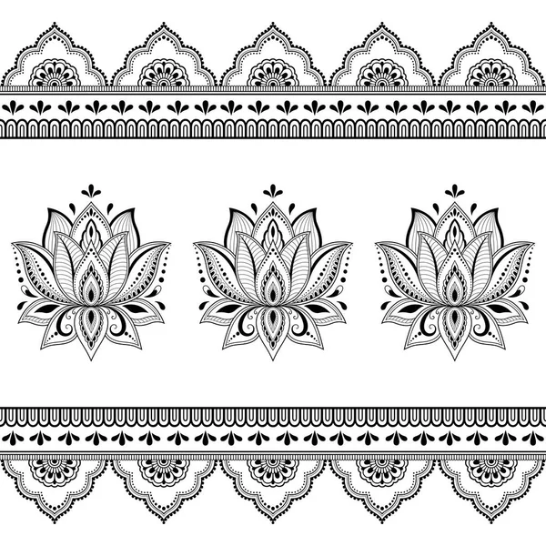 一時的な刺青蓮花パターンとヘナの入れ墨のシームレスな境界線のセット インド様式の装飾 — ストックベクタ