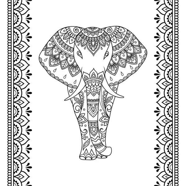 Conjunto Elefante Africano Mehndi Con Patrón Vintage Floral Étnico Borde — Vector de stock