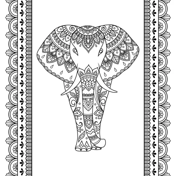 Conjunto Elefante Africano Mehndi Con Patrón Vintage Floral Étnico Borde — Vector de stock