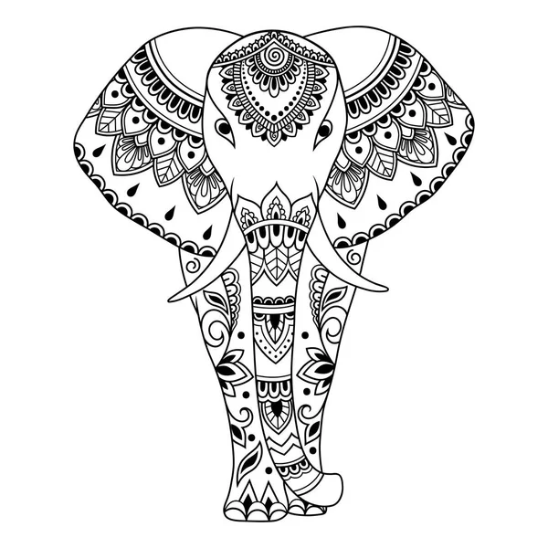 African Elephant Decorated Indian Ethnic Floral Vintage Pattern Hand Drawn — Stock Vector