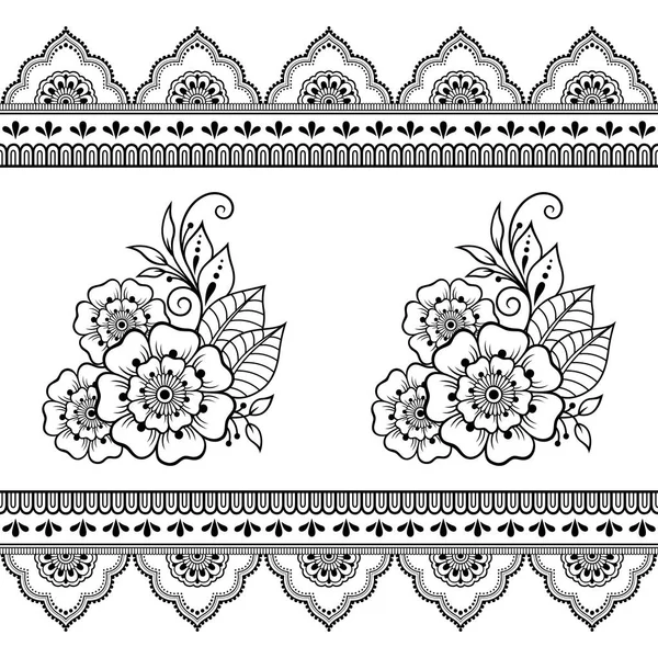 Conjunto Patrón Flores Mehndi Borde Sin Costuras Para Dibujo Tatuaje — Archivo Imágenes Vectoriales