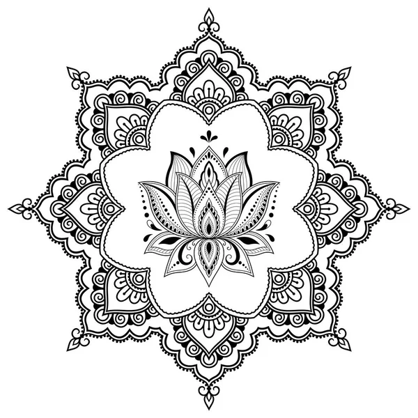 Modello Circolare Forma Mandala Con Fiore Loto Hennè Mehndi Tatuaggio — Vettoriale Stock