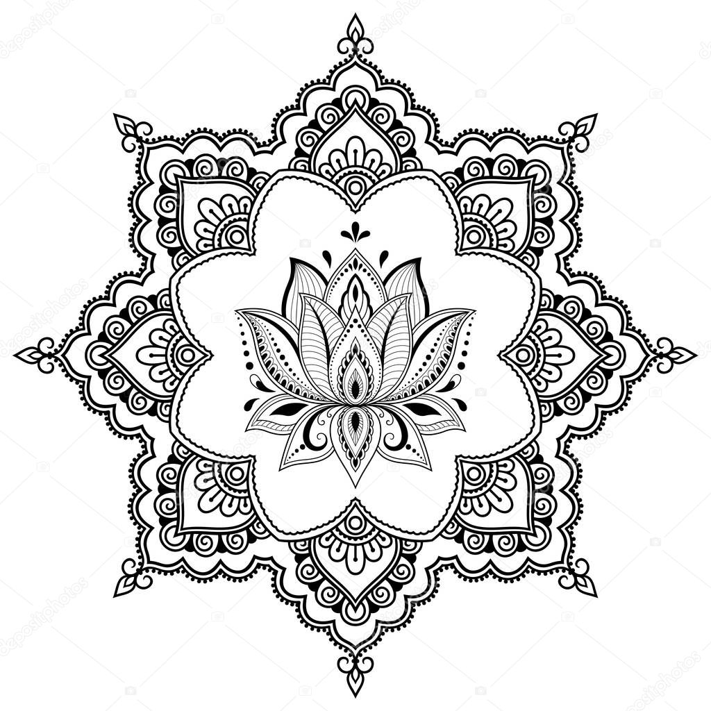 Circular pattern in form of mandala with Lotus flower for Henna, Mehndi, tattoo, decoration. Decorative ornament in ethnic oriental style. Coloring book page.