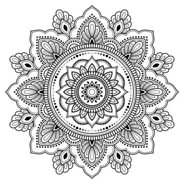 Kına Mehndi, dövme, dekorasyon için mandala şeklinde dairesel desende. Dekoratif çerçeve süsleme etnik oryantal tarzı. Boyama kitabı sayfası.