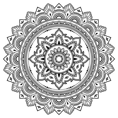 Kına Mehndi, dövme, dekorasyon için mandala şeklinde dairesel desende. Dekoratif çerçeve süsleme etnik oryantal tarzı. Boyama kitabı sayfası.