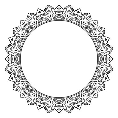 Kına Mehndi, dövme, dekorasyon için mandala şeklinde dairesel desende. Dekoratif çerçeve süsleme etnik oryantal tarzı. Boyama kitabı sayfası.