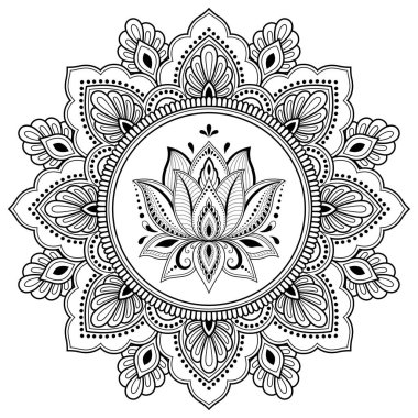 Mandala kına Mehndi, dövme, dekorasyon için Lotus çiçeği ile şeklinde dairesel desende. Dekoratif süsleme etnik oryantal tarzı. Boyama kitabı sayfası.