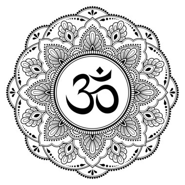 Kına Mehndi, dövme, dekorasyon için mandala şeklinde dairesel desende. Antik Hindu mantra OM ile oryantal tarzda Dekoratif süsleme Boyama kitabı sayfası.