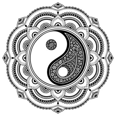 Kına Mehndi, dövme, dekorasyon için mandala şeklinde dairesel desende. Yin-yang el ile oryantal tarzda Dekoratif süsleme sembolü çizilmiş. Boyama kitabı sayfası.