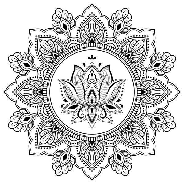Mandala kına Mehndi, dövme, dekorasyon için Lotus çiçeği ile şeklinde dairesel desende. Dekoratif süsleme etnik oryantal tarzı. Boyama kitabı sayfası.