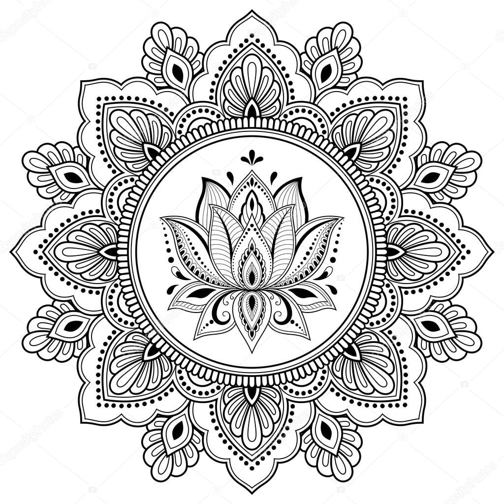 Circular pattern in form of mandala with lotus flower for Henna, Mehndi, tattoo, decoration. Decorative ornament in ethnic oriental style. Coloring book page.