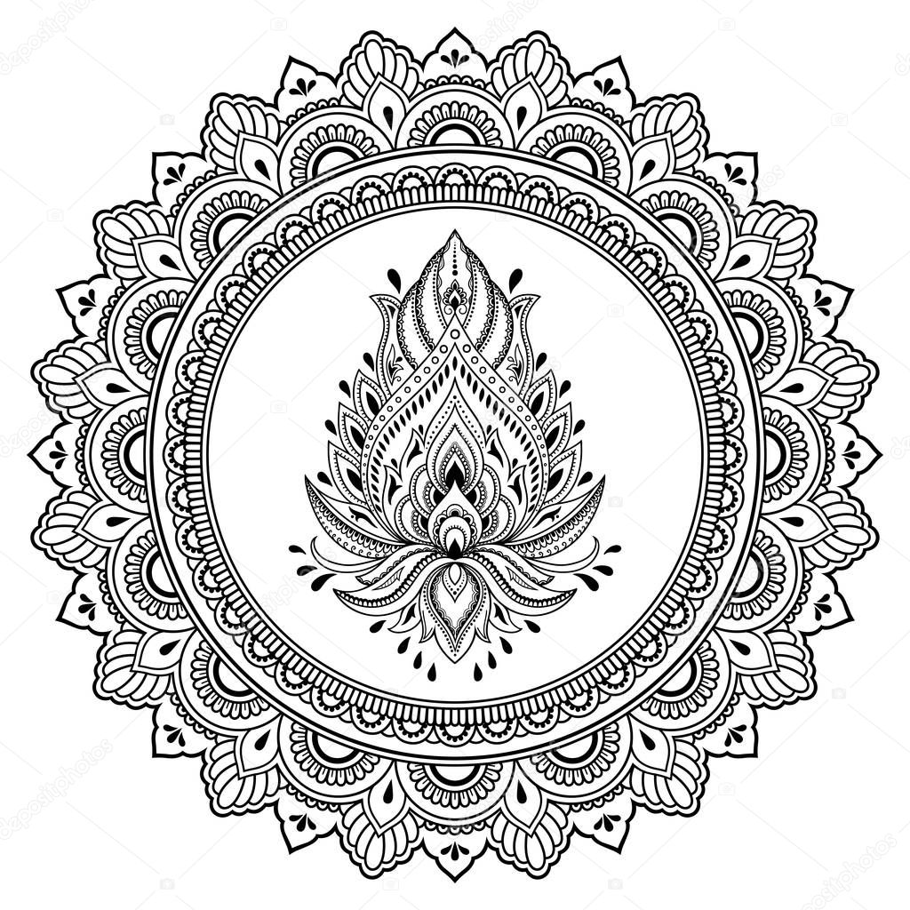 Circular pattern in form of mandala with lotus flower for Henna, Mehndi, tattoo, decoration. Decorative ornament in ethnic oriental style. Coloring book page.