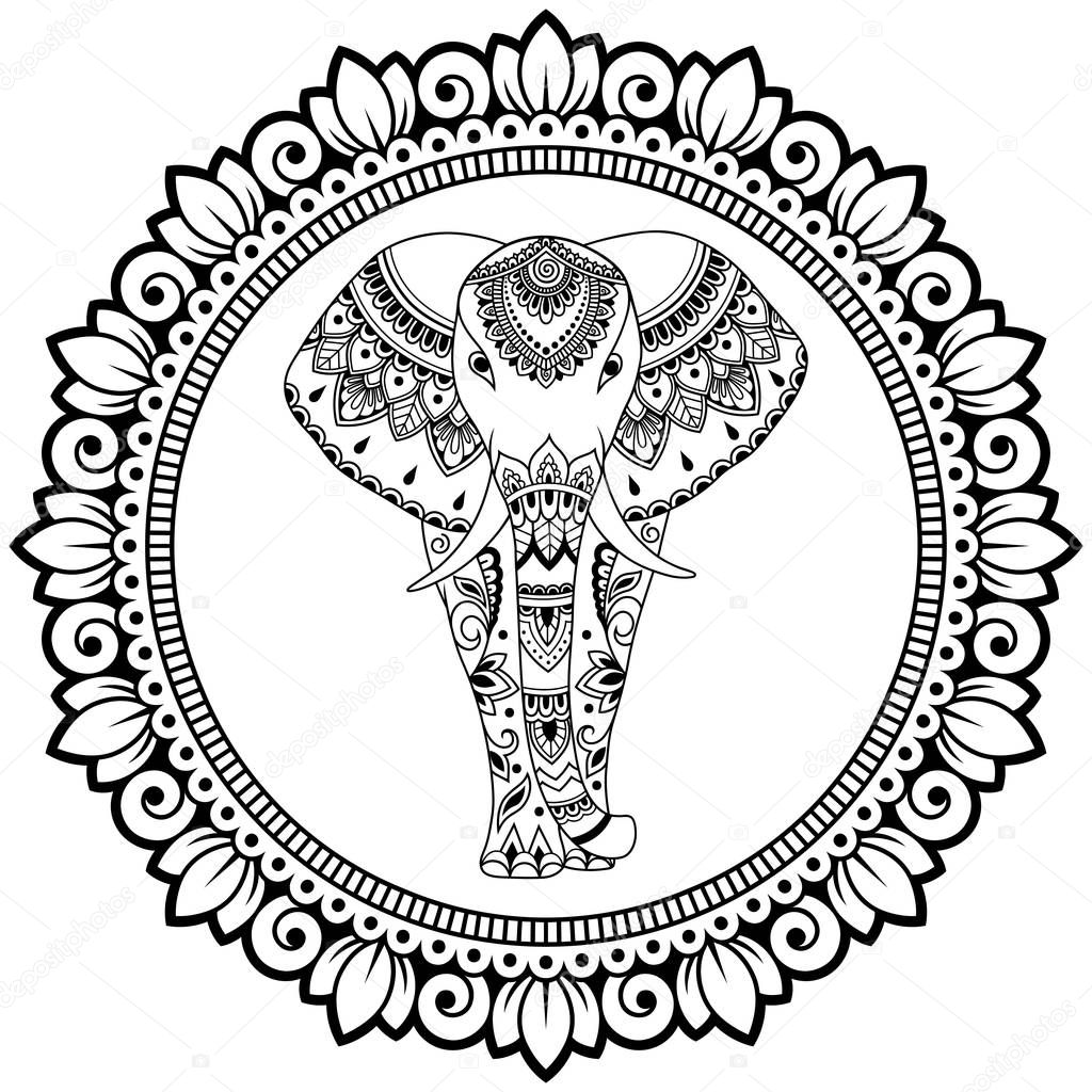 African elephant in mandala decorated with Indian ethnic floral vintage pattern. Hand drawn decorative animal in doodle style. Stylized mehndi ornament for tattoo, print, cover and coloring page.