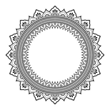 Kına Mehndi, dövme, dekorasyon için mandala şeklinde dairesel desende. Dekoratif çerçeve süsleme etnik oryantal tarzı. Boyama kitabı sayfası.