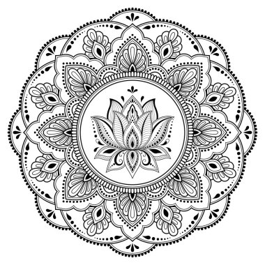 Mandala kına Mehndi, dövme, dekorasyon için Lotus çiçeği ile şeklinde dairesel desende. Dekoratif süsleme etnik oryantal tarzı. Boyama kitabı sayfası.