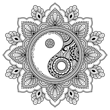 Kına Mehndi, dövme, dekorasyon için mandala şeklinde dairesel desende. Yin-yang el ile oryantal tarzda Dekoratif süsleme sembolü çizilmiş. Boyama kitabı sayfası.