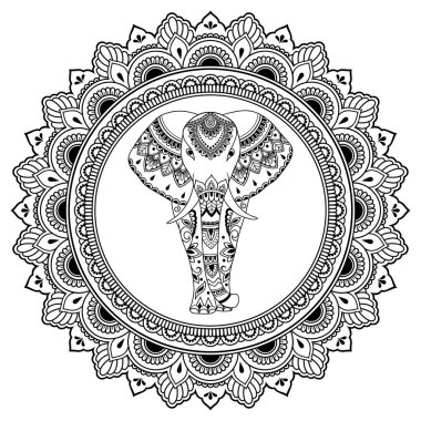 Afrika fili mandala Hint etnik çiçek vintage desen ile dekore edilmiştir. El çizilmiş doodle tarzı dekoratif hayvan. Stilize mehndi süsleme dövme, baskı, kapak ve sayfa boyama için.