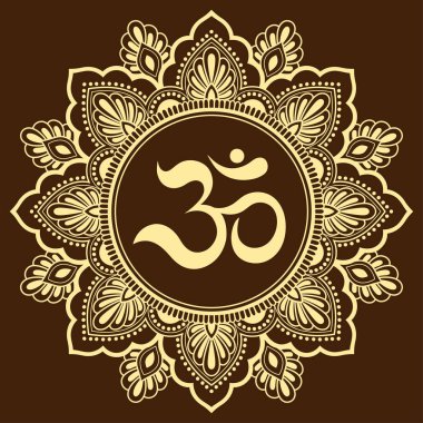 Kına Mehndi, dövme, dekorasyon için mandala şeklinde dairesel desende. Antik Hindu mantra OM ile oryantal tarzda Dekoratif süsleme Boyama kitabı sayfası.