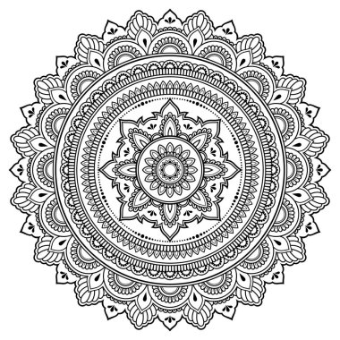 Kına Mehndi, dövme, dekorasyon için mandala şeklinde dairesel desende. Dekoratif çerçeve süsleme etnik oryantal tarzı. Boyama kitabı sayfası.