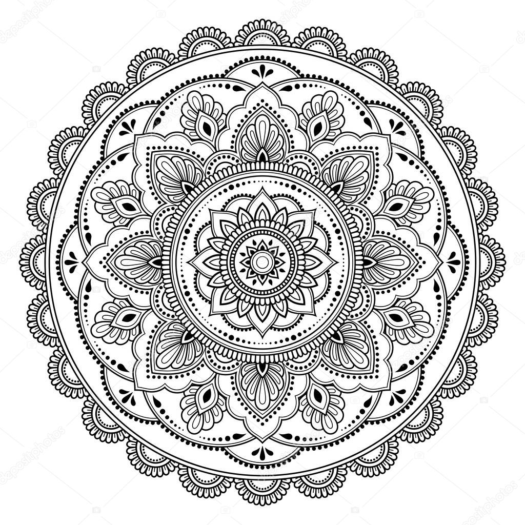 Circular pattern in form of mandala for Henna, Mehndi, tattoo, decoration. Decorative frame ornament in ethnic oriental style. Coloring book page.