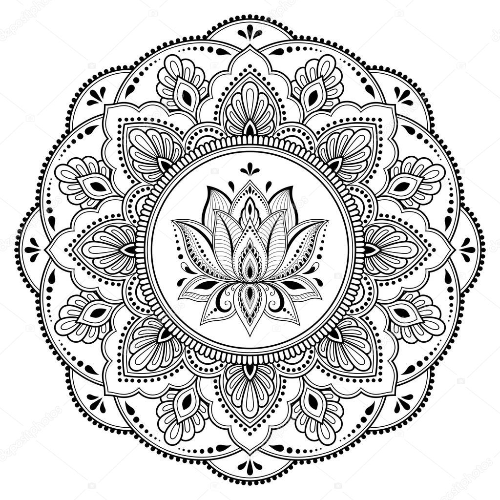 Circular pattern in form of mandala with lotus flower for Henna, Mehndi, tattoo, decoration. Decorative ornament in ethnic oriental style. Coloring book page.