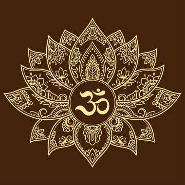 Kına çizim ve dövme için mantra Om simgesiyle mehndi Lotus çiçek deseni. Etnik oryantal, Hint tarzı dekorasyon mandala.