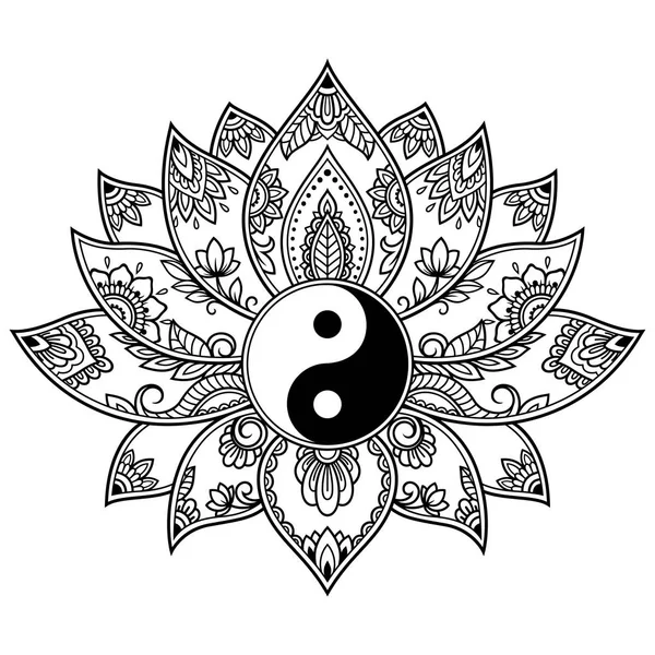 Patrón Flor Loto Mehndi Con Símbolo Yin Yang Para Dibujo — Vector de stock