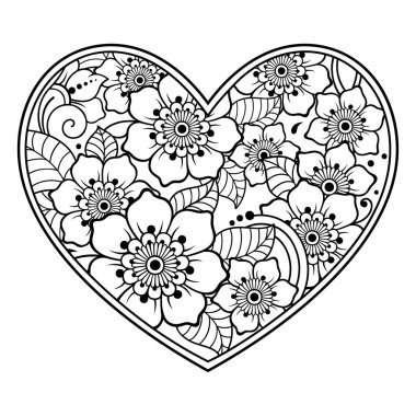 Mehndi kına çizim ve dövme için lotus ile kalp şeklinde çiçek deseni. Etnik oryantal, Hint tarzı dekorasyonda. Boyama kitabı sayfası.