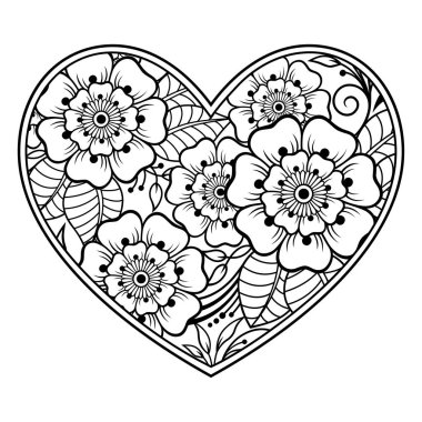 Mehndi kına çizim ve dövme için lotus ile kalp şeklinde çiçek deseni. Etnik oryantal, Hint tarzı dekorasyonda. Boyama kitabı sayfası.